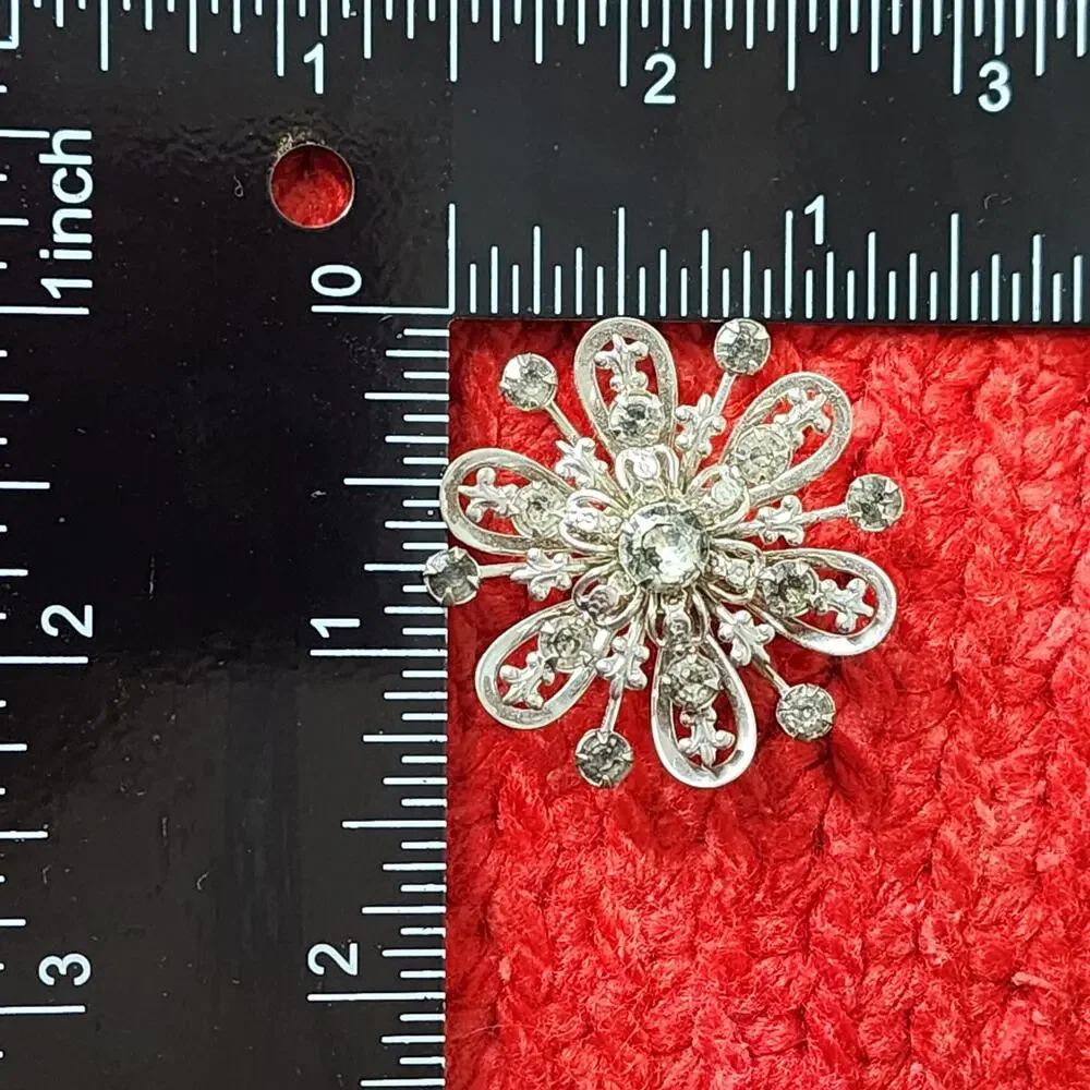 60s Silver Tone Grey Rhinestone Passion Flower Style Brooch Pin